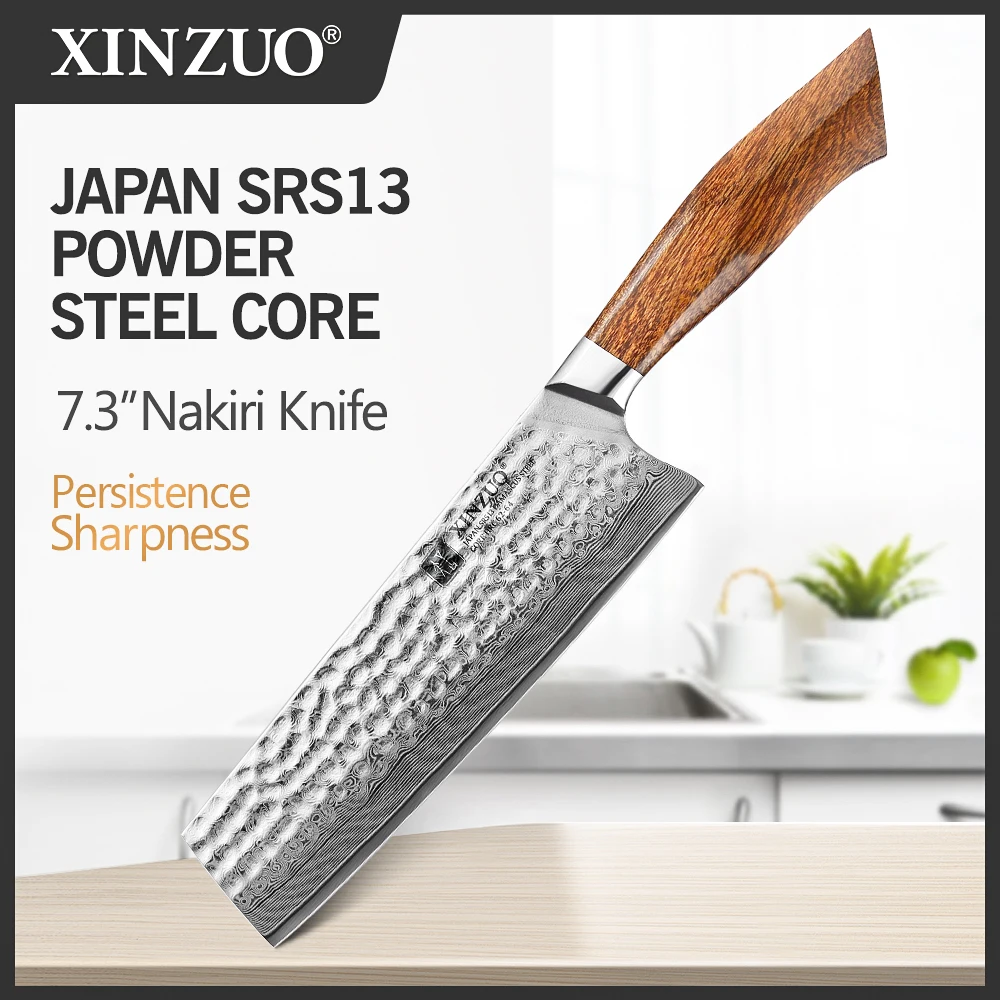 XINZUO 7.3'' Nakiri Knife 49 Layers SRS13/R2/SG2 Damascus Powder Steel Core Japan VG10 Kitchen Knives Desert Ironwood Handle