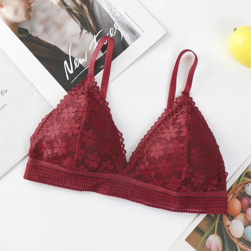 Floral Lace Bras For Women Triangle Cup Bra Lingerie Wire Free Brassiere Bralette Thin Underwear A B Cup Push Up Bra