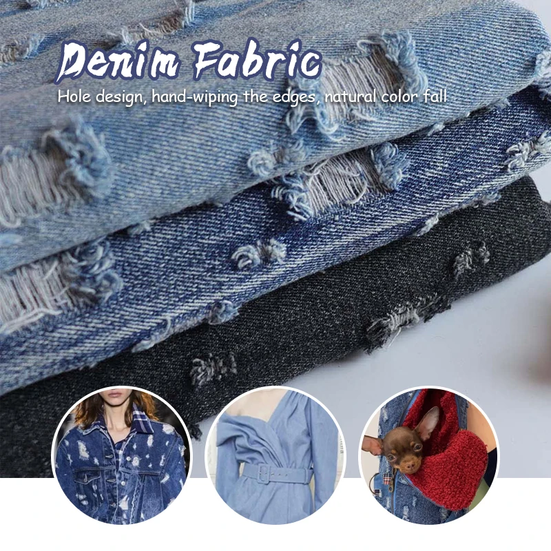 50X150cm Blue Jeans Fabric With Broken Holes For Sewing Pants Jackets Blazer Fashion Denim Fabric DIY Textiles Garment Material