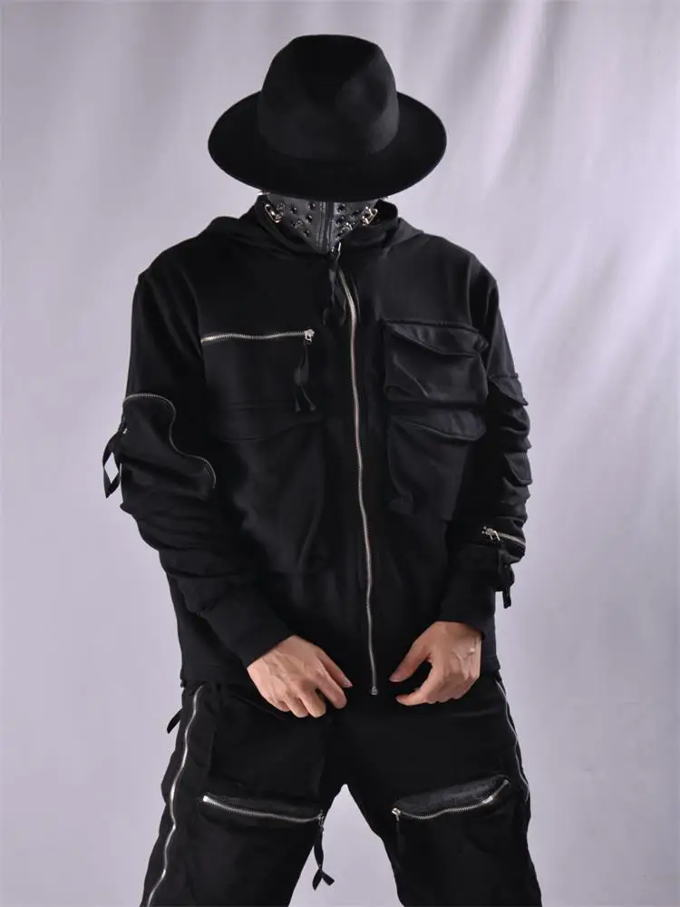 

Men's Long Sleeve Hooded Coat Autumn/Winter New Dark Multi-Pocket Personality Design Dark Ninja Loose Zipper Tactical Coat