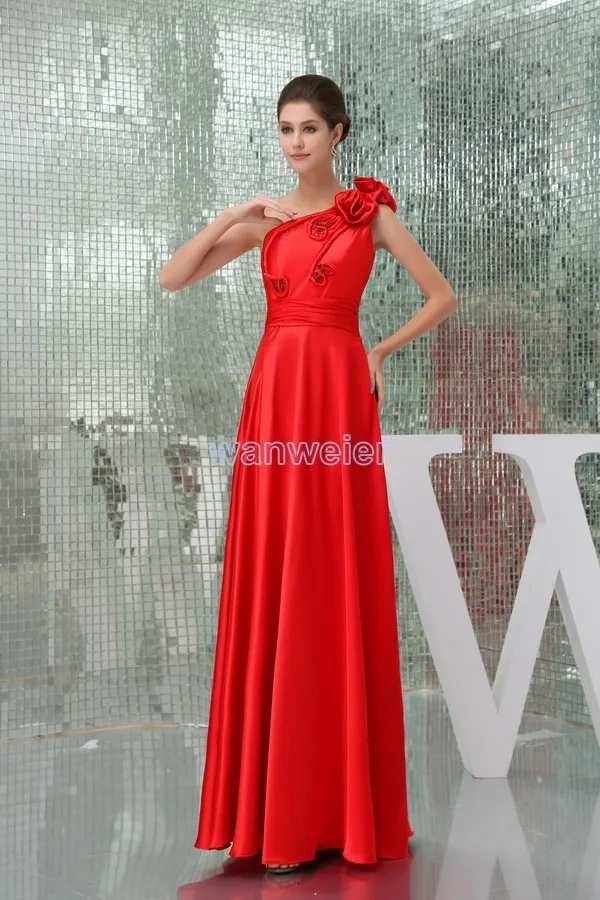 

Drop shipping modest 2025 new design hot sale handmade flowers one shoulder custom size plus size gown long red Bridesmaid Dress