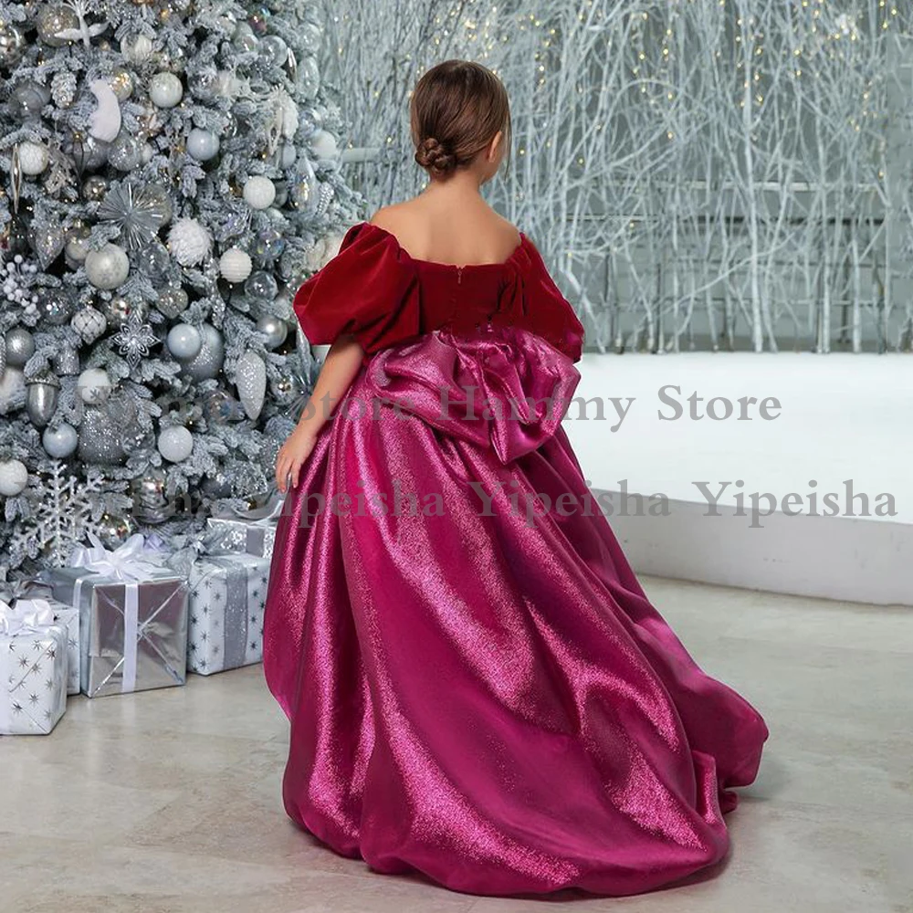 Vestidos de fiesta de Navidad para niñas, Mangas de princesa sin hombros, vestido de baile Simple con lazo en la espalda, vestidos de desfile de flores Hi-lo