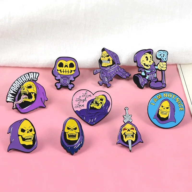 Skeletor Purple Hood Enamel Pins Master Universe Badge Brooch Bag Clothes Lapel Classic Cartoon Jewelry Halloween Gift Wholesale