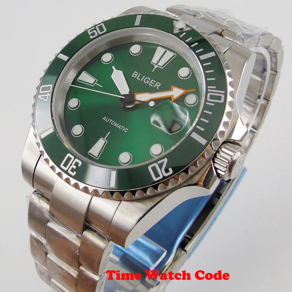 

BLIGER Green dial 40mm Automatic Movement Men's Wristwatch Sapphire Glass SS Band Date Window green ceramic bezel luminous hands