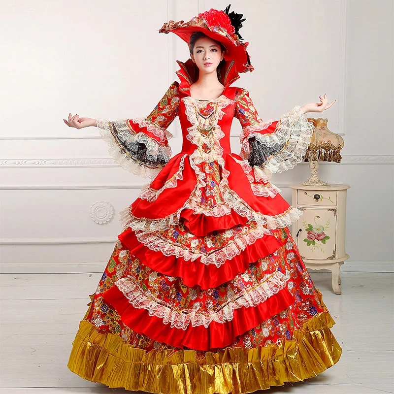 

Retro Red Floral Print 18th century Victorian costume Renaissance Marie Antoinette Ball Gowns For women