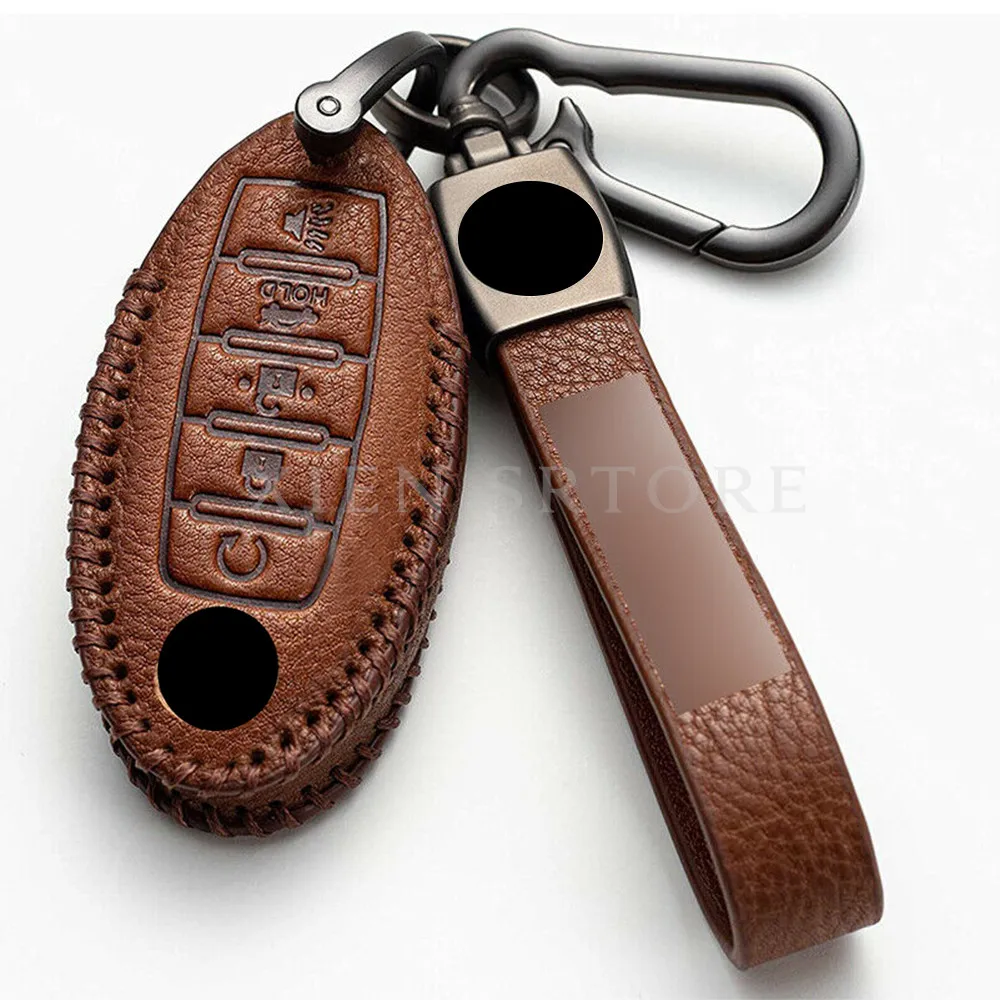 5 Button Brown Leather Car Remote Smart Key Shell Case Fob Cover Holder Chain Skin For Nissan Rouge Murano Maxima Accessories