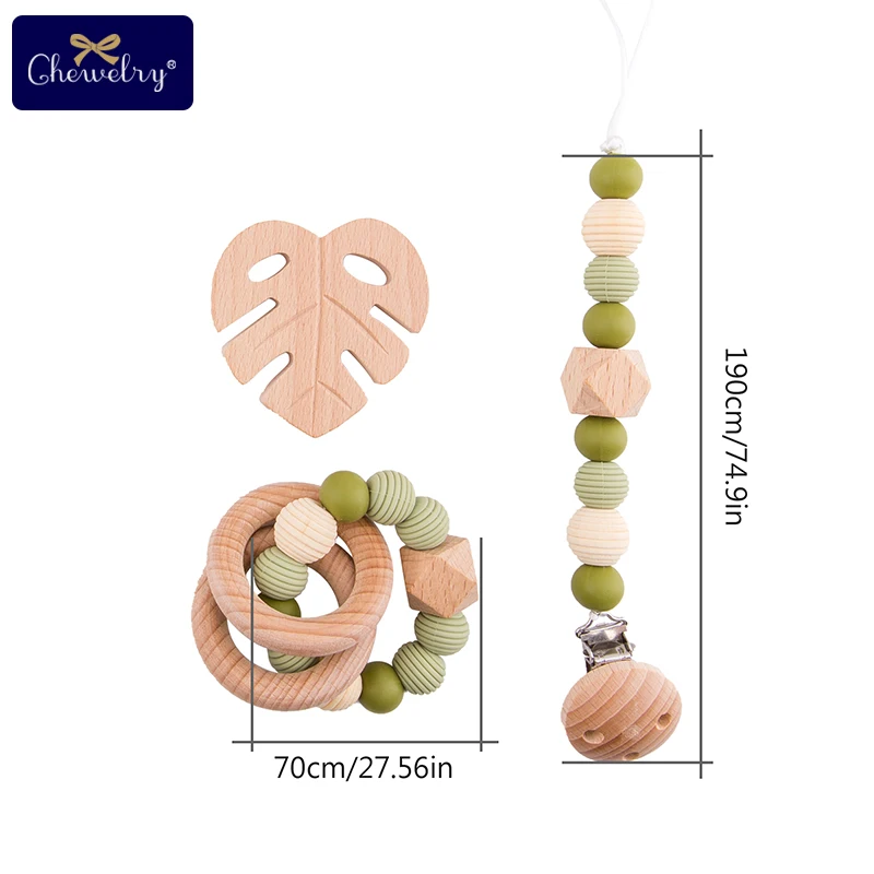 3Pc/Set Baby Silicone Teether Pacifier Chain Wooden Rings Perle Silicone Beads Beech Wooden Rodent Baby Rattle Toys