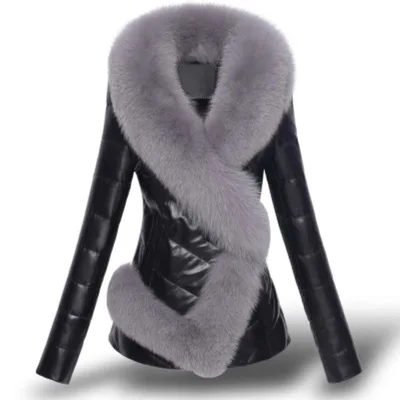 High quality Fashion Women Leather Jacket Short Faux Fox Fur Collar Slim Thick Warm Winter Coat Overcoat Motorcycle clothing