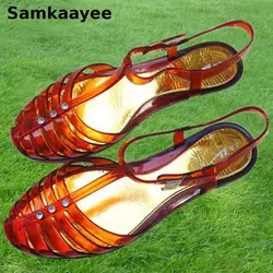 Size 35-40 Sandals Women Flats Shoes Summer Female Crystal Beach Soft Bottom Buckle Strap Hollow Mujer Red Jelly Chaussures Y22