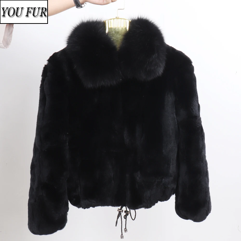 

2024 Hot Sale Women Winter Thick Warm Quality Real Rex Rabbit Fur Coat Rex Rabbit Fur Jackets With Real Fox Fur Collar Overcoat