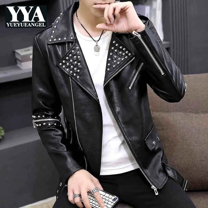 Personality Men Rivet Leather Jacket Fashion Punk Zipper Motorcycle Coat Teenager Nightclub Casual Pu Leather Lapel Slim Jacket