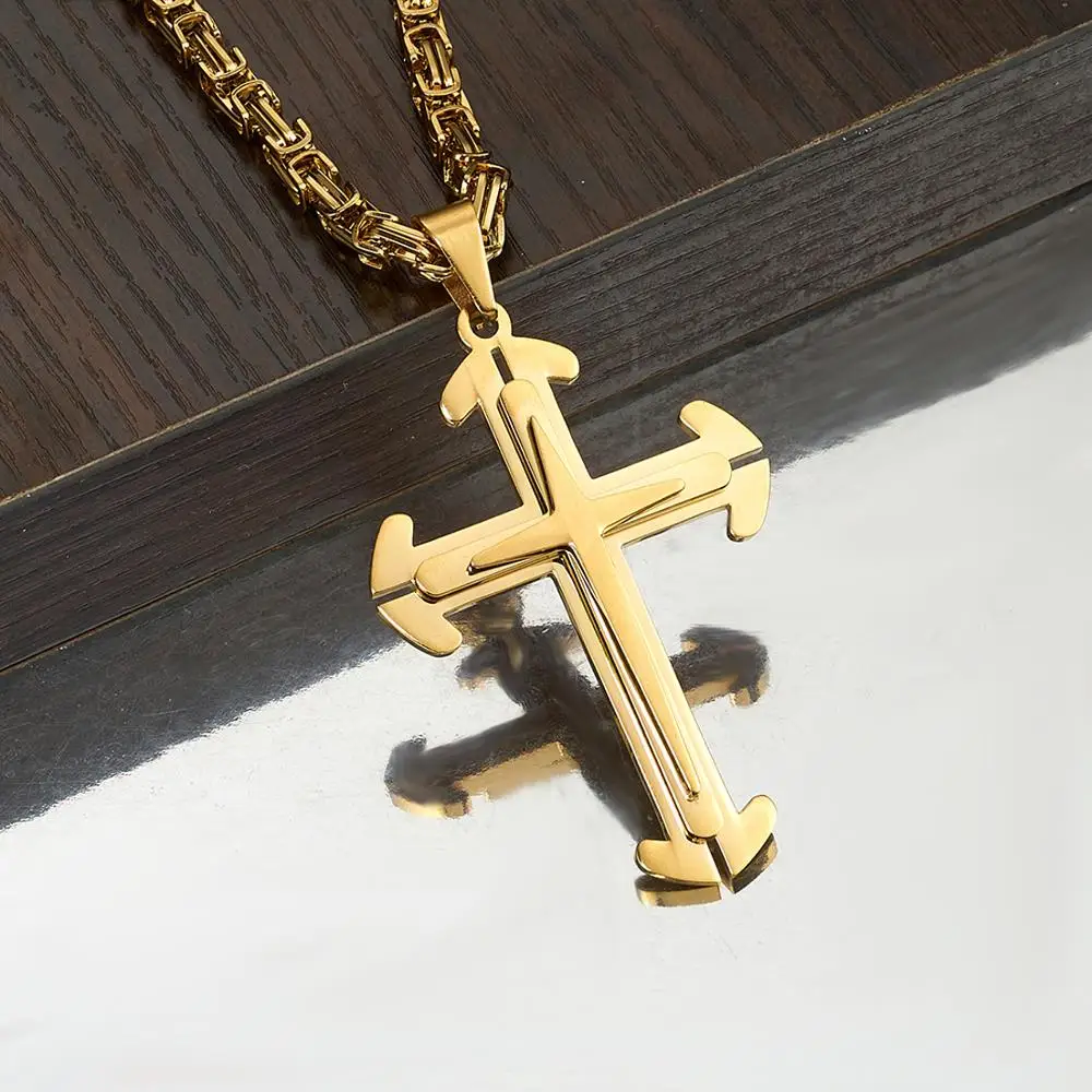 

High Polished Men's Three Layers Jesus Cross Pendant Punk Hip Hop 316L Stainless Steel Byzantine Box Chain Necklace 22-40inch