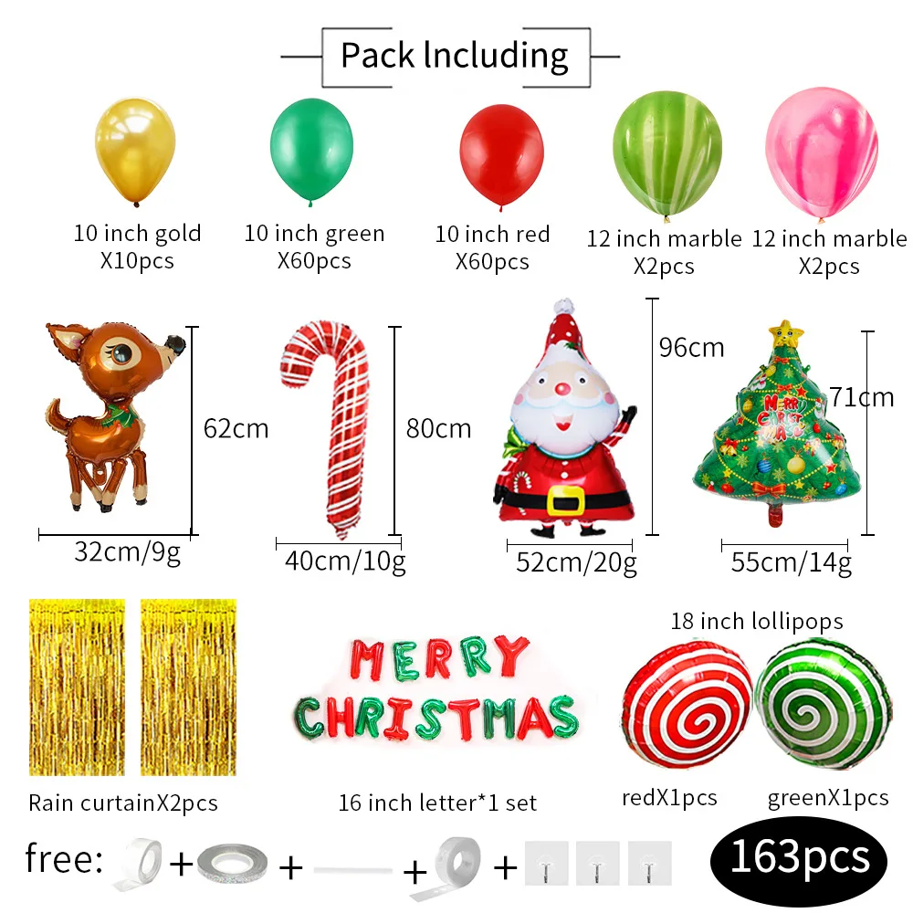 163PCS Christmas Aluminum Foil Latex Balloons Set Merry Christmas Background Decoration Christmas Party Decorations Supplies