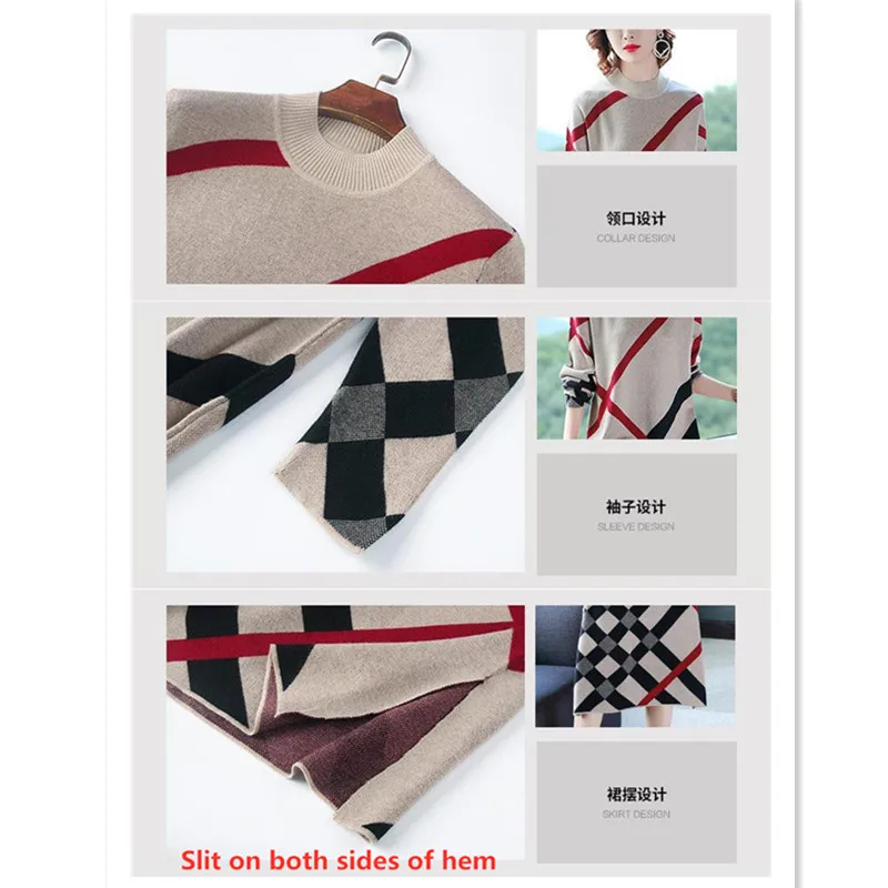 Robe pull à col roulé à carreaux pour femmes, pull astronomique, longueur au genou, patchwork, vêtements féminins, printemps, automne, mode, ogo, 2022