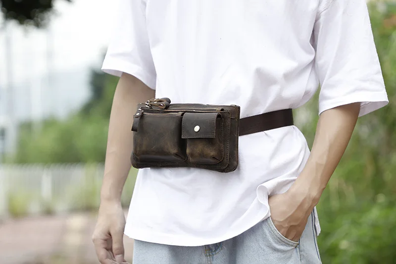 Soft Thick Leather men Coffee Vintage Travel Fanny Waist Belt Chest Pack Sling Bag Design Bum Phone Cigarette Case Male 811-29