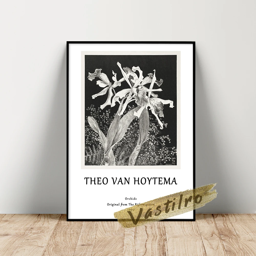 

Theo Van Hoytema Exhibition Poster, Theo Hoytema Orchids Wall Picture, Black White Flower Leaf Wall Art, Retro Plant Prints Art