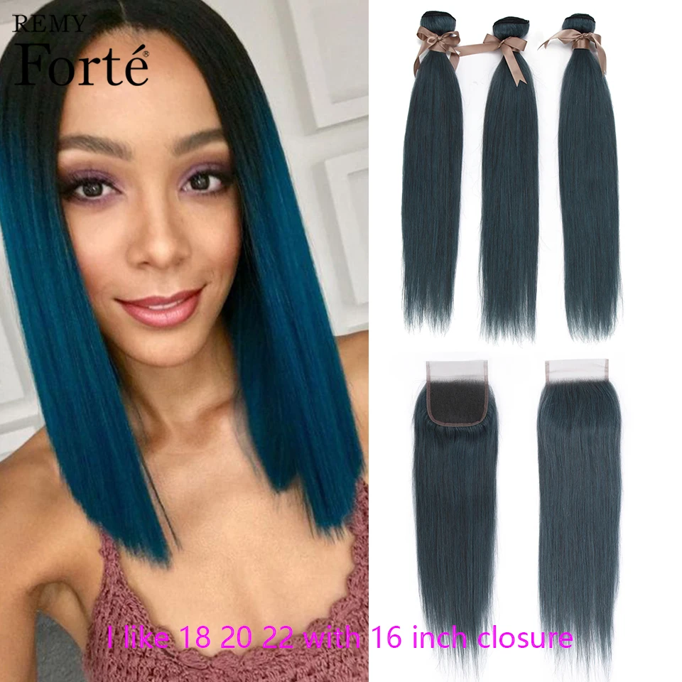 Tissage en Lot Brésilien Naturel Remy avec Closure pour Femme, Cheveux Lisses, Coloré, Bleu, Forte, 3 Lots