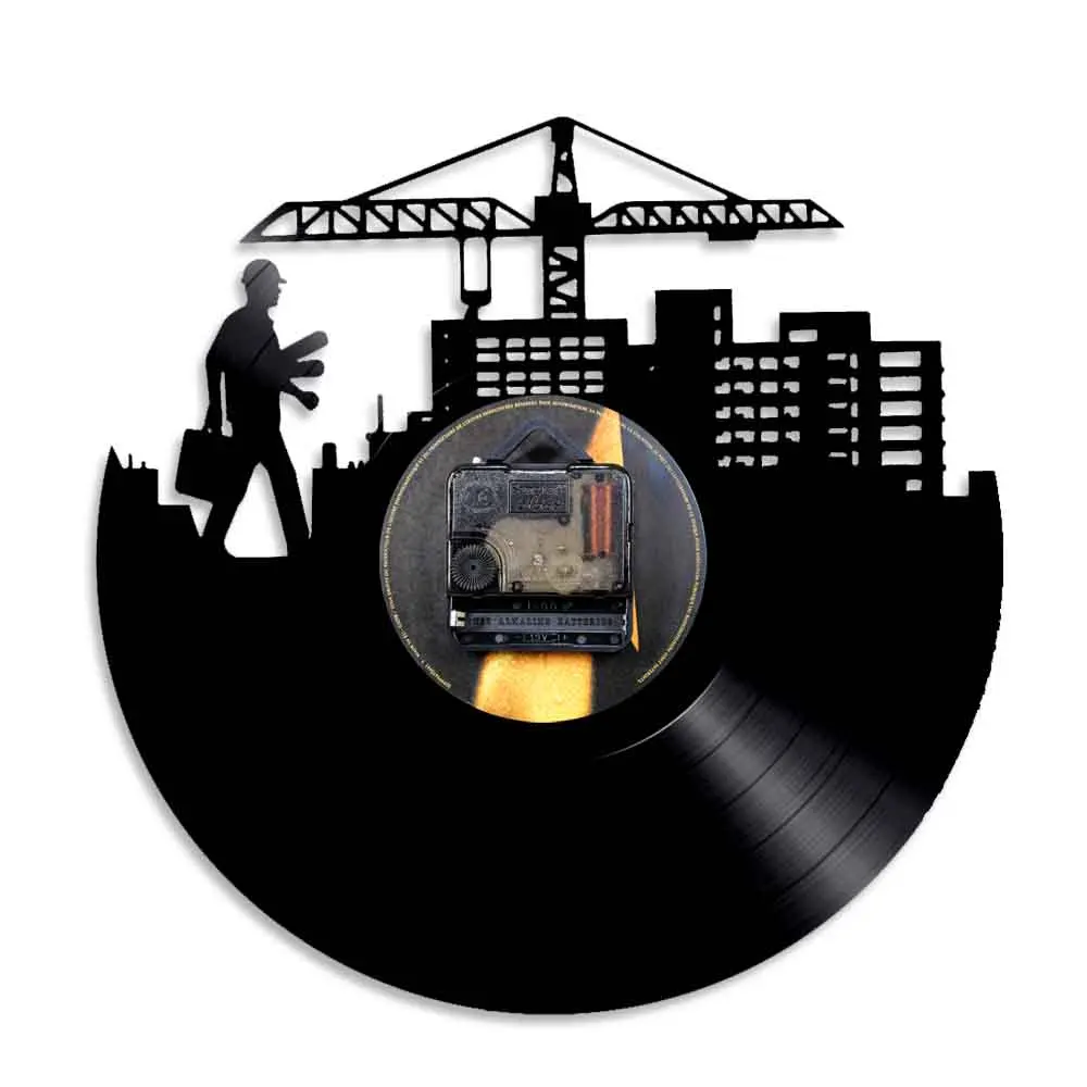 Building Worker Vinyl LP Record Clock Silent Sweep Architect Wall Watch Modern Design Architectural Skyline Engineer Home Decor