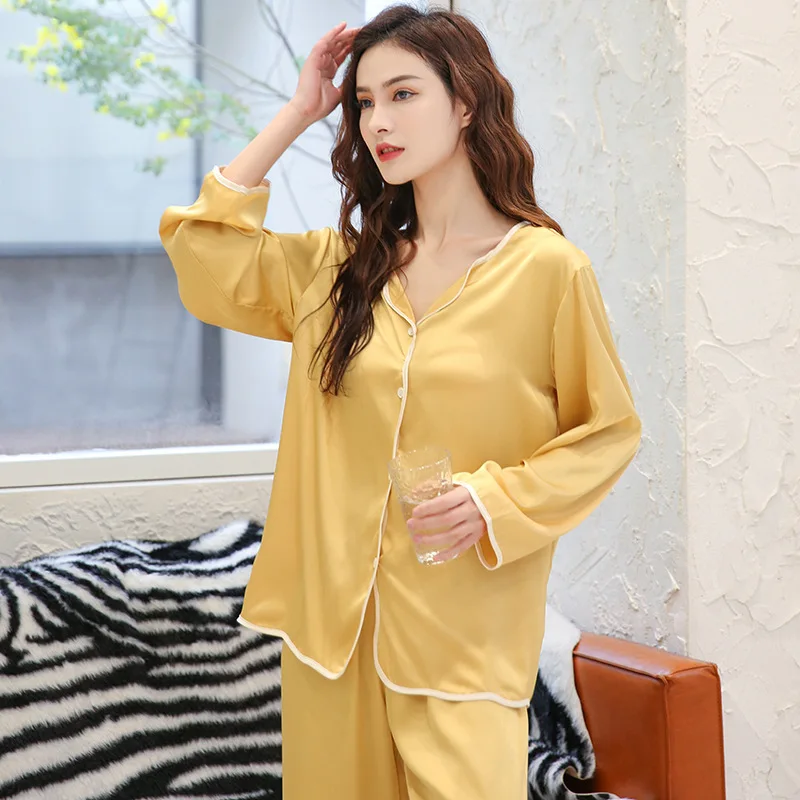 

Women Solid Sleepwear Pajamas Soft Shirt&Pants Faux Silk 2PCS PJS Set Lounge Wear Pyjamas Lingerie 2021 New Home Wear Pijamas