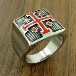 Punk 316L Stainless Steel Silver Color Crux Vera Lorraine Red Cross Ring For Men's Jewelry