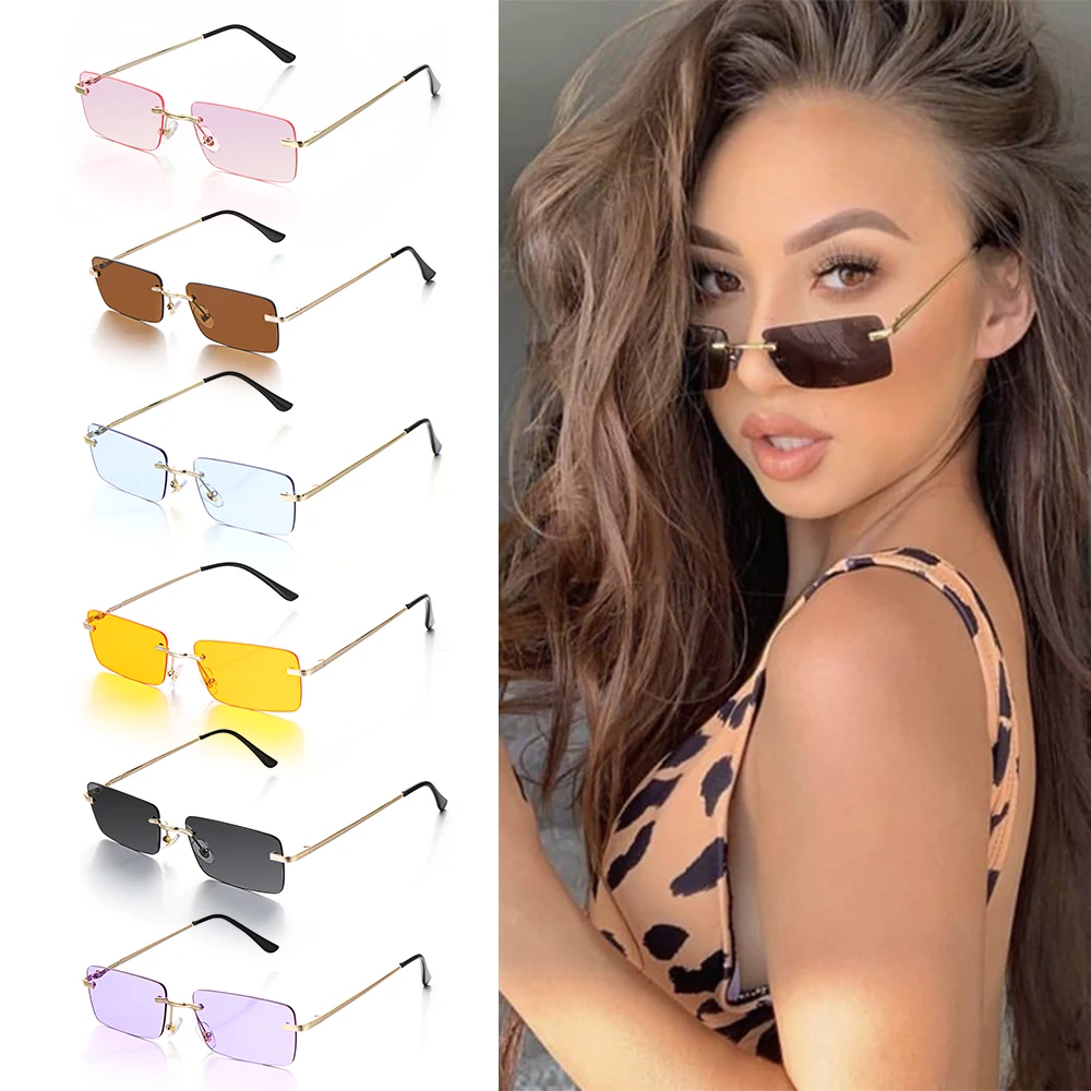 Retro UV400 Fashion Rectangle Rimless Women Sunglasses Unisex Retro Luxury Design Gradient Small Eyewear