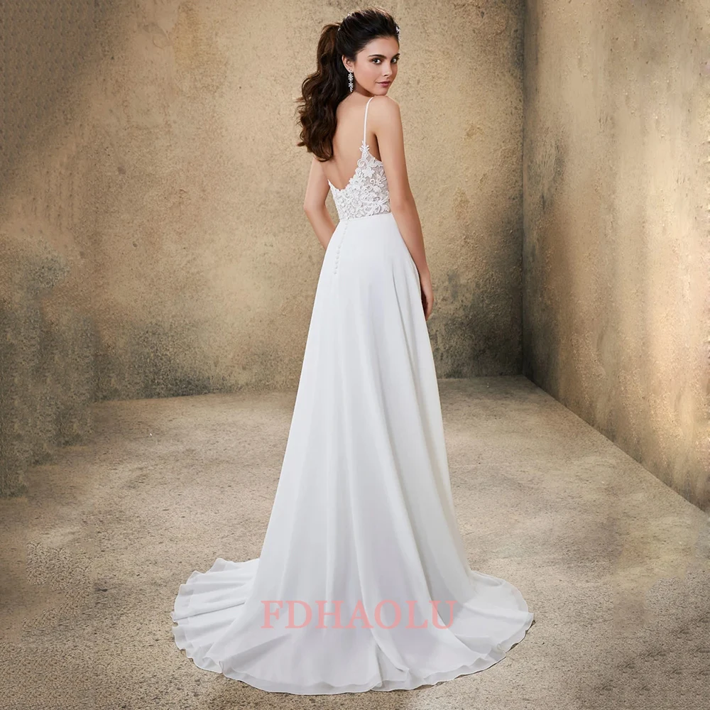 Customized FDHAOLU FU37 Elegant V-neck Beach Wedding Dress Lace Boho Chiffon Bride Dress Sweep Train Wedding Gown