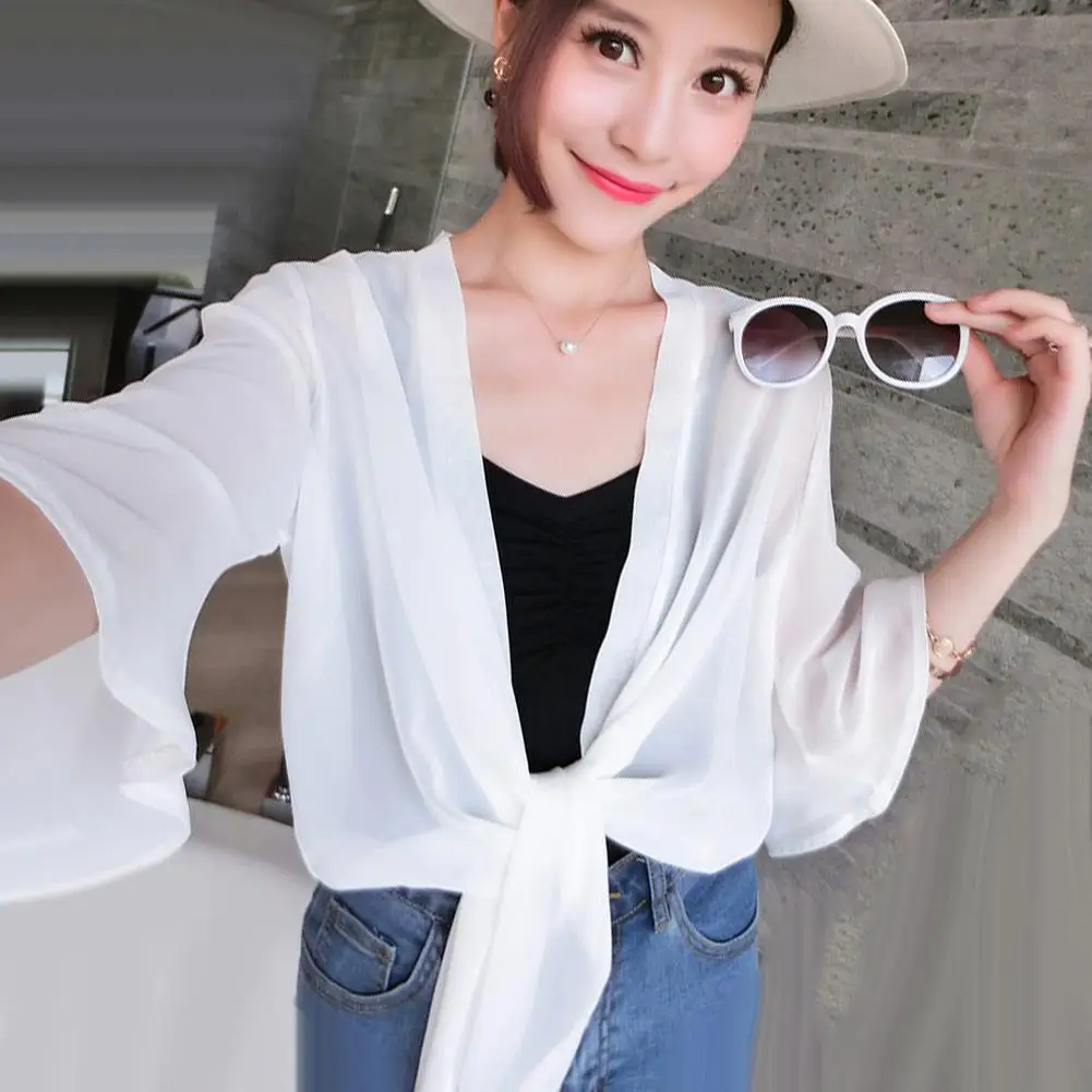 Women Open Front 3/4 Sleeve Anti-UV Coverup Blouse Sheer Shrug Thin Loose Chiffon Cardigan Women\'s Clothing Beach Female Dress