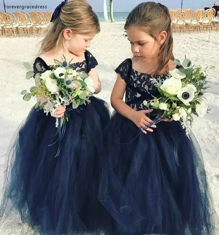 2019 Princess Cheap Lovely Cute Navy Blue Long Lace Flower Girl Dresses Daughter Toddler Pretty Kids Pageant First Holy Gowns