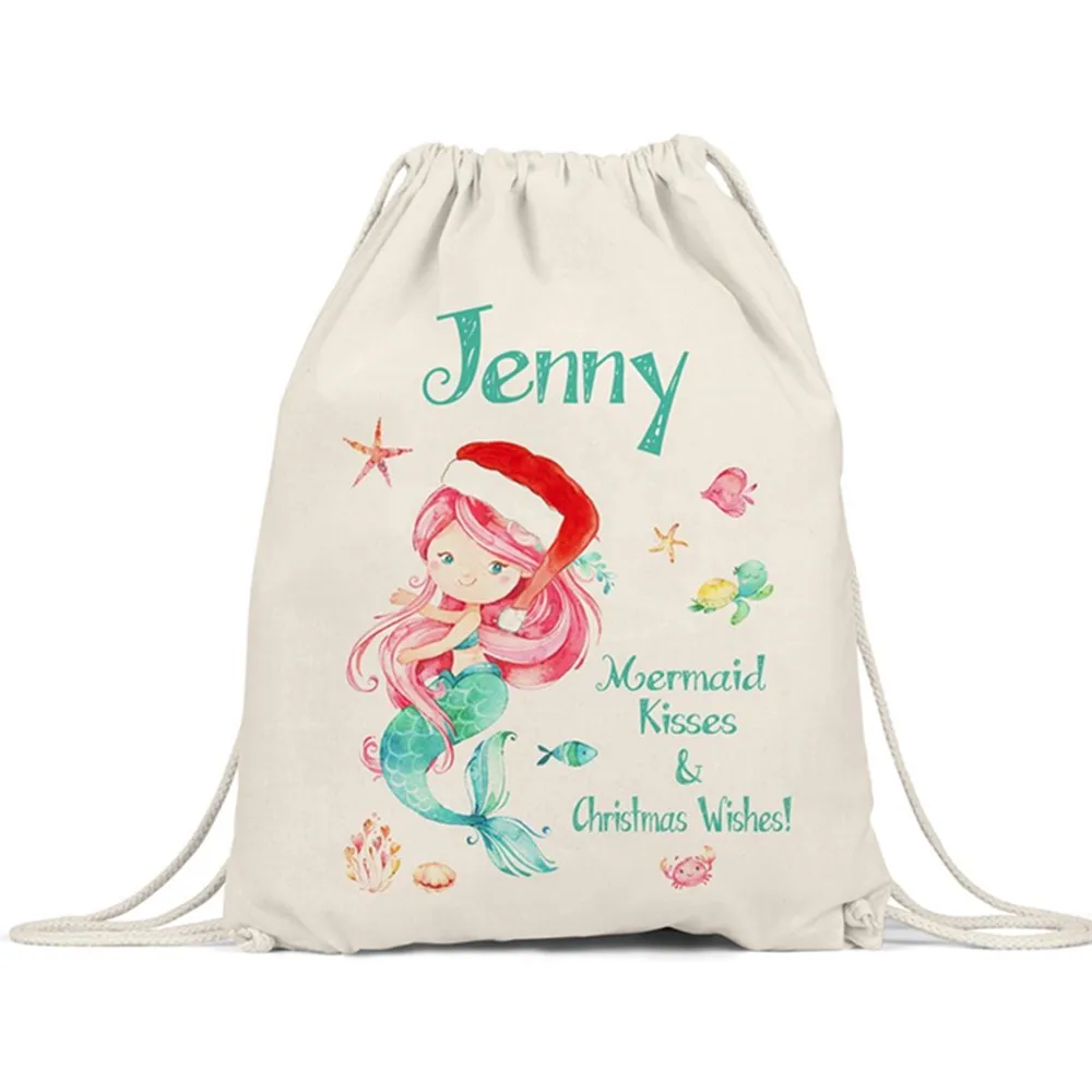 Personalized  1 Christmas Mermaid Sack Bag  Custom Name Christmas Santa Bag  Large Drawstring Canvas  Name 17x20  gift bags