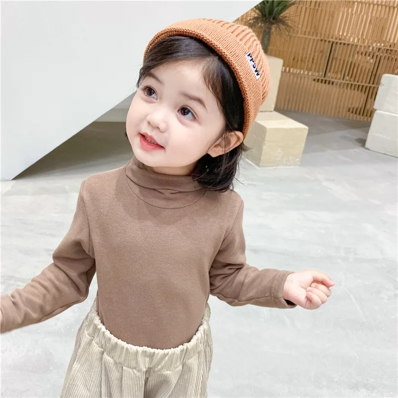 Children turtleneck T-shirt long sleeve tops boys and girls double-sided velvet solid Bottoming Shirt clothes Unisex base layer