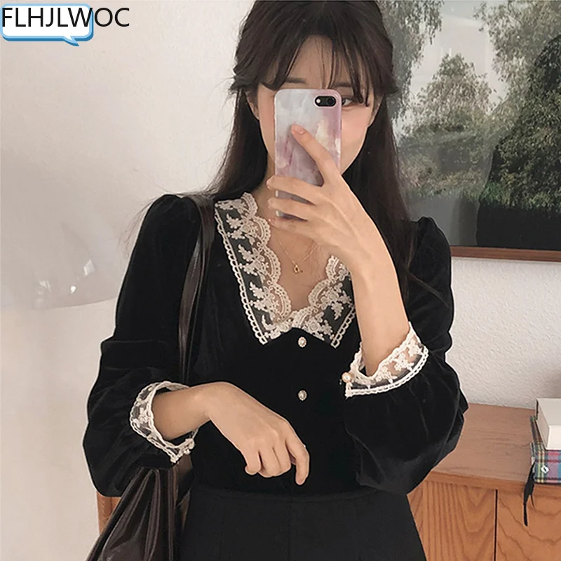 French Style Outerwear Chic Fashion Women Long Sleeve Patchwork Hollow Out White Lace Outside Velvet Short Tops Button Shirts