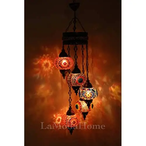 LaModaHome 40 + Unique Colors, 2020 Customizable Chandelier 5 Globes + Free 5 Bulbs, stunning Mosaic Turkish Lamp Moroccan Light