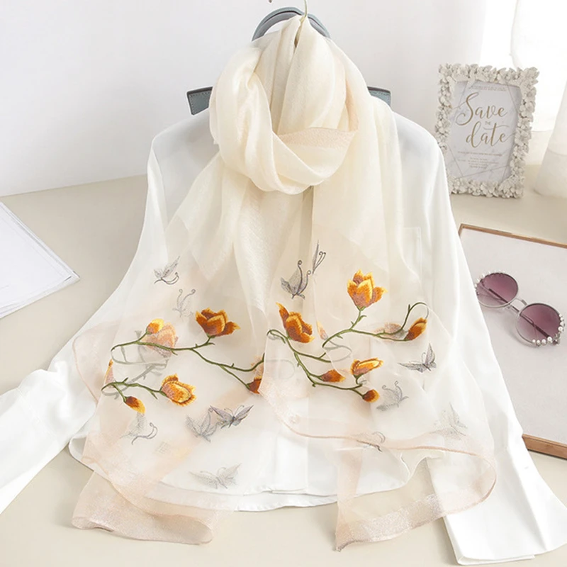 Embroidered Scarf women Scarves Spring and Autumn Wool Silk Scarf Pure Color Scarf Cheongsam Outfit Shawl Wild Decorative Scarf