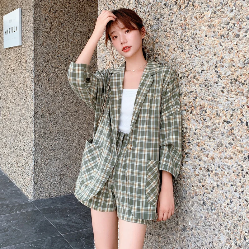 

Elegant Autumn Plaid Suit 2PS Set Women Blazer Coat Causal Long Sleeve Oversize Shorts Pants Office Lady Pocket Suit Blazer Set