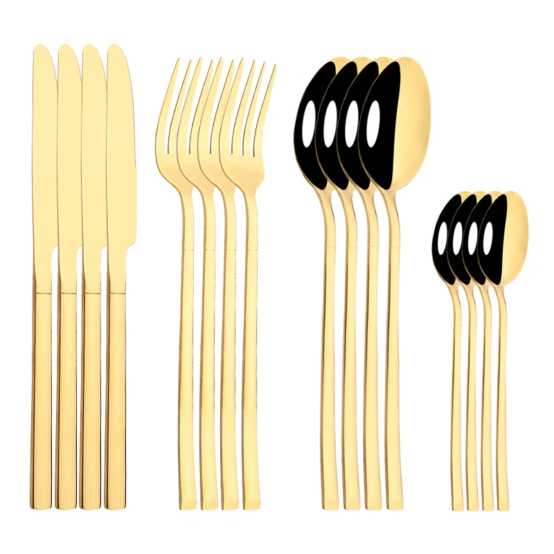 

16Pcs Black Gold Cutlery Set Stainless Steel Dinnerware Knife Fork Spoon Dinner Tableware Party Kitchen Flatware Silverware Set