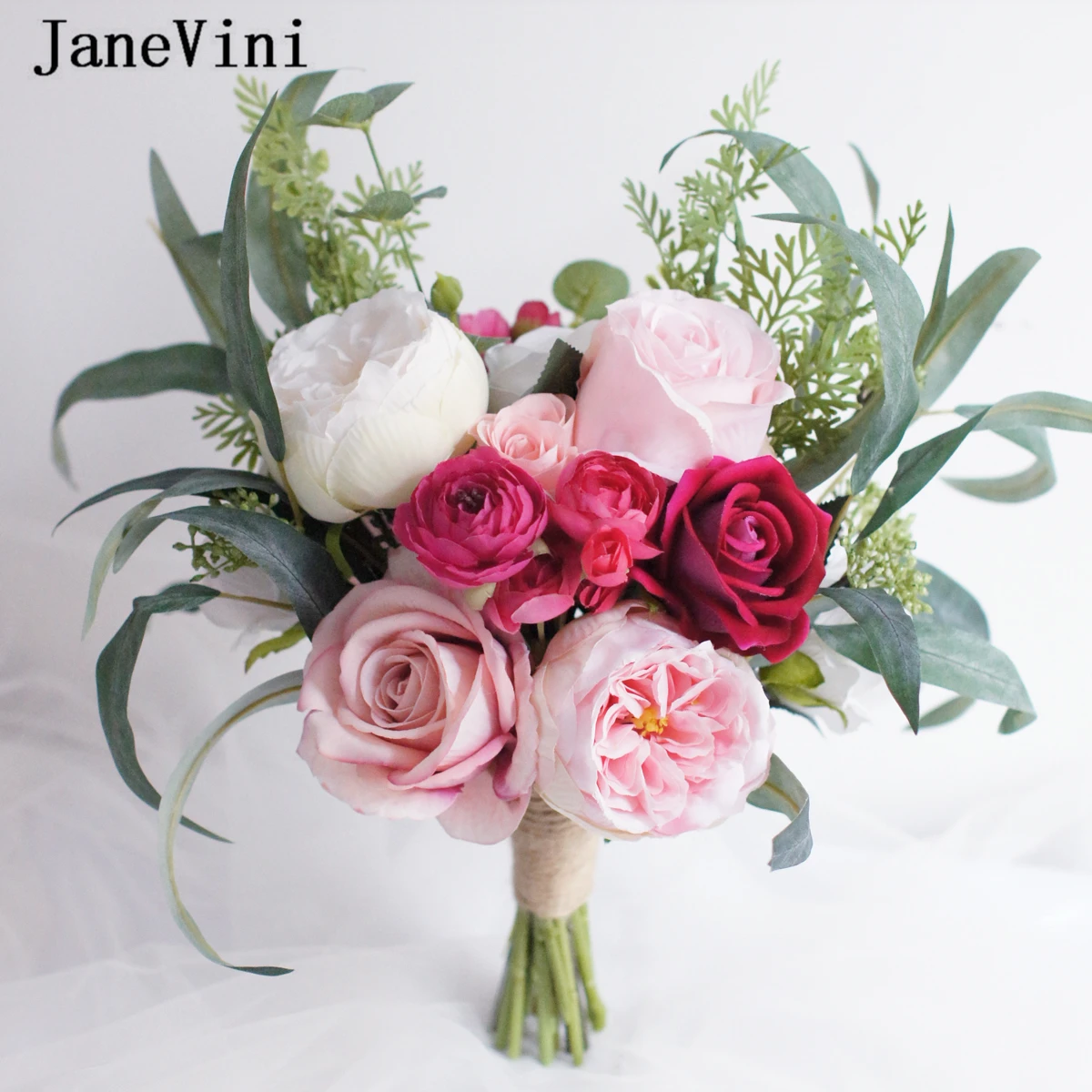 JaneVini New Romantic Pink Wedding Bouquets Handmade Silk Roses Korean Style Bridal Holding Flowers Real Touch Bouquet De Noiva