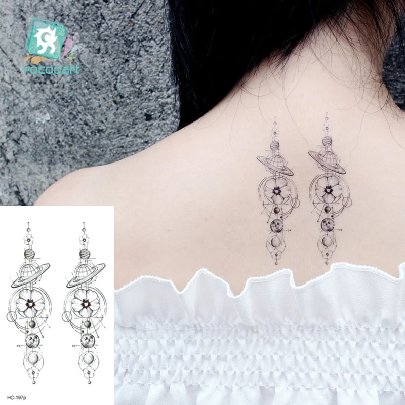 1 PC Geometrische Planeten Mode Frauen Temporäre Tattoo Aufkleber Wasser Transfer Tattoo Minimalistischen Kleine Sonne Mond Design Gefälschte Tattoo