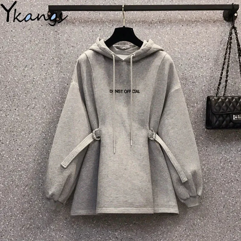 Mid-length Loose Buckle Women's Tracksuit Korean All-match Hooded Ladies Sportswear 2021 Fashion Letter Print Long Sleeve Hoodie