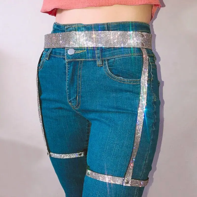 Cinto feminino de strass, corrente elástica para a perna e coxa, cintos sexy de praia, corrente para o corpo, perna e coxa, joia