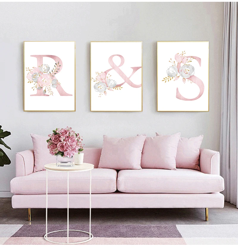 Flowers Wall Art Pictures For Girls Room Decoration Personalized Poster Baby Name Custom Canvas Painting Nursery Prints Pink