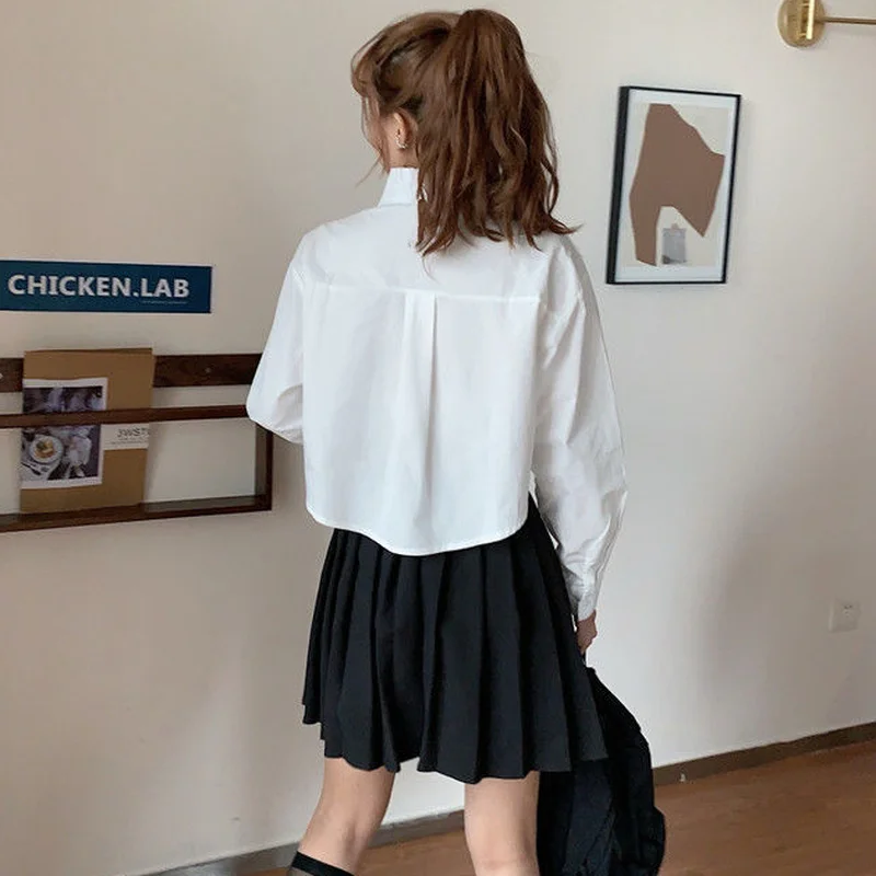 Shirts Women Cropped Tops Slim White Clothing Long Sleeve College Pockets Daily BF Casual Solid Simple Design Stylish All-match