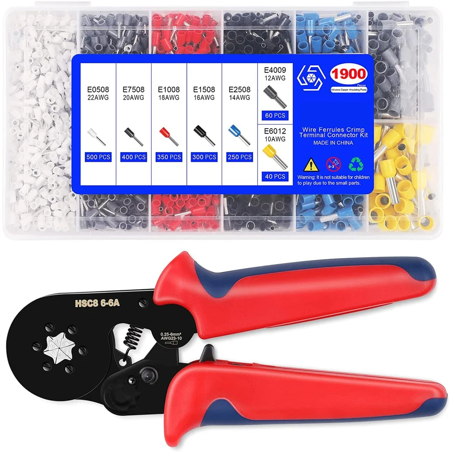 Ferrule Crimping Tool Kit Hexagonal Sawtooth Auto-ajustável Ratchet Wire Terminals Crimper Kit com 1900 Conjunto de Terminais Tubulares