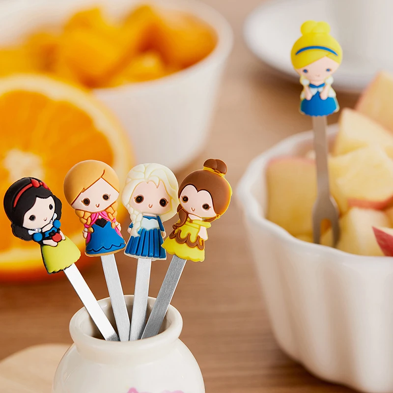 6pcs/Set Cute Cartoon Princess Stainless Steel Dessert Fruit Forks with Holder Set Mini Salad Fruit Fork Food Flatware