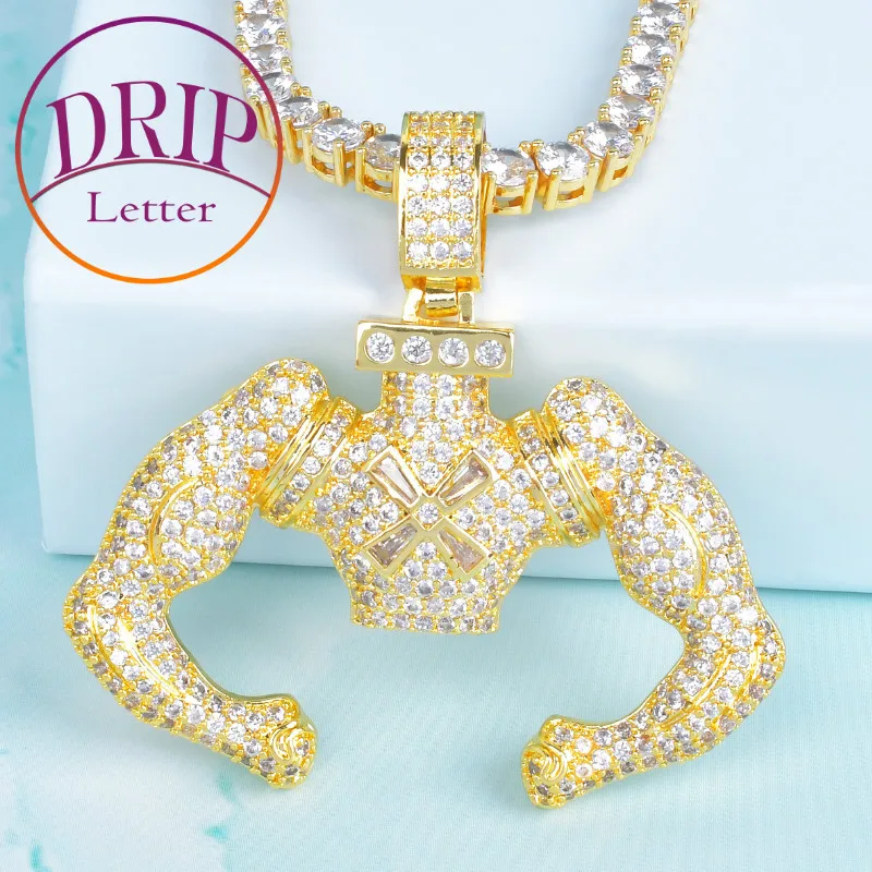 Big Block Flexing Pendant Gold Color Tennis Chain Necklace Bling Cubic Zircon Men's Hip Hop Rock Jewelry