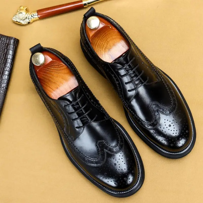 

Mens Genuine Leather Business Casual Shoes Men Brogue Carving Daily Office Work Shoes Round Toe Increased platform Height Shoes