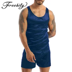 2Pcs Men Silk Satin Pajamas Sleeveless Tank Top Shorts Set Sleepwear Nightwear Casual Loungewear Home Wear