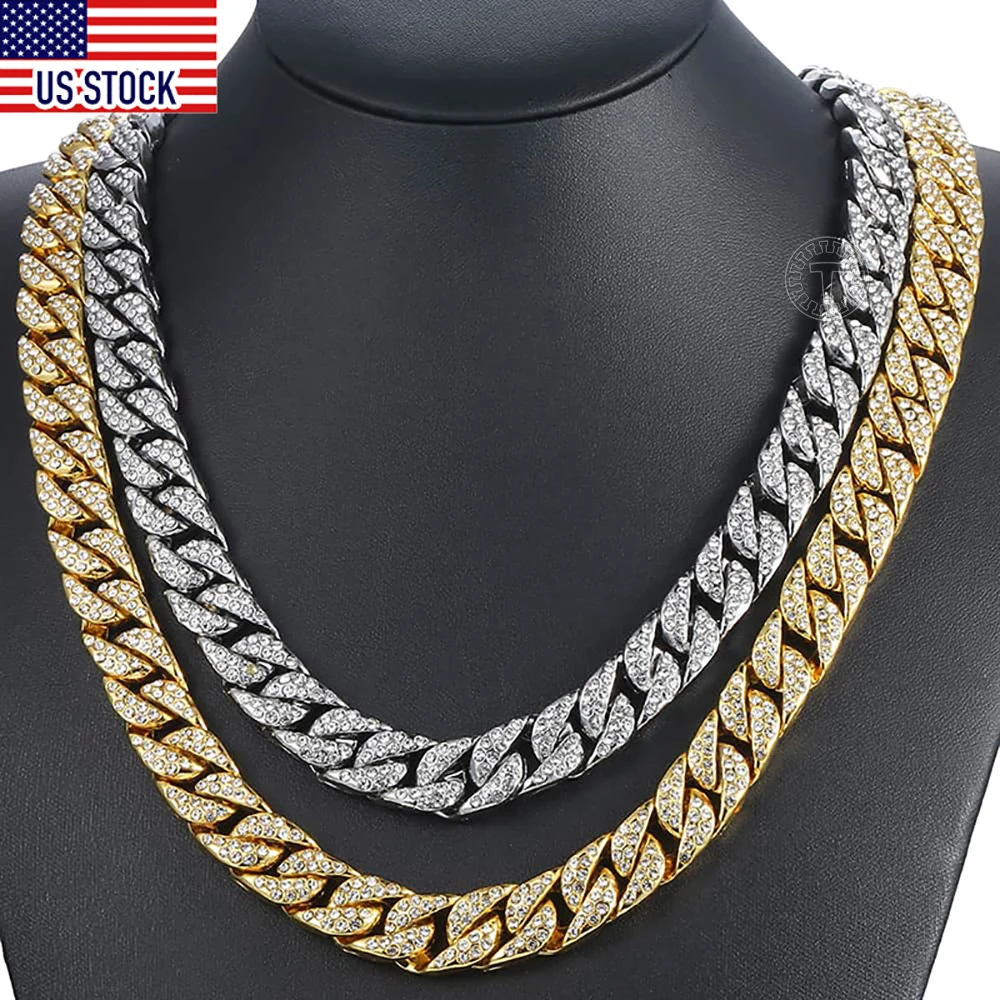 Davieslee14mm Men's Necklace Miami Curb Cuban Gold Color Necklace Paved Clear Rhinestones Womens Mens Chain DLGN432