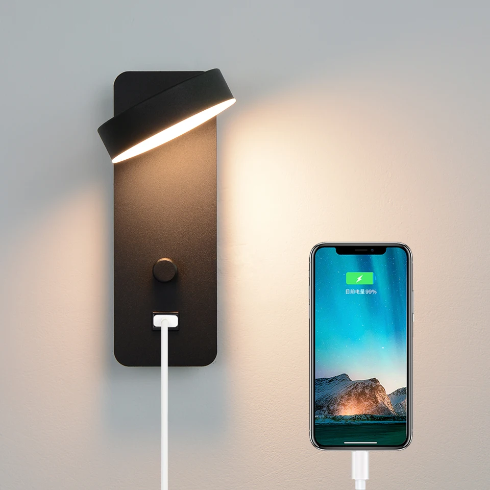Modern Indoor Lighting USB Charge Wall Lamp 9W White Black Rotary Switch Dimming Wall Light Bedroom Beside Study Wall Sconce