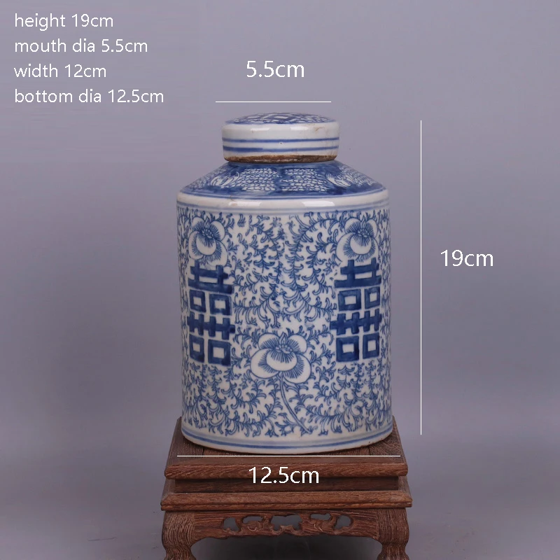 Blue And White Four Happiness Character Pattern Tea Jar Antique Ornaments Porcelain Jingdezhen Tea Caddy Collection