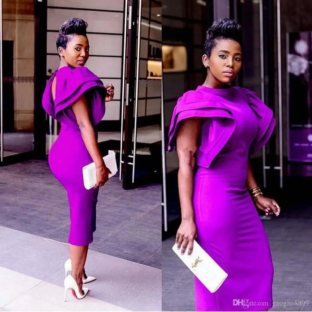 Purple South African Cocktail Dresses Sheath Tea Length Elegant Party Homecoming Dresses